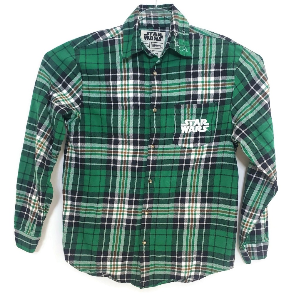 Star Wars Shirt Mens Large‎ Green Plaid Flannel Cakeworthy The Child Grogu Yoda